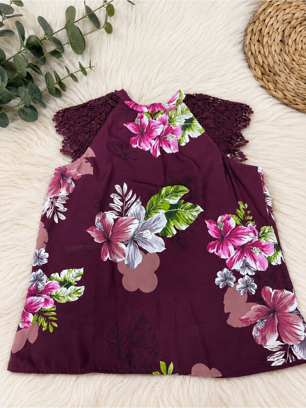 Express Floral Halter Tank in Burgundy with Pink & Green Accents